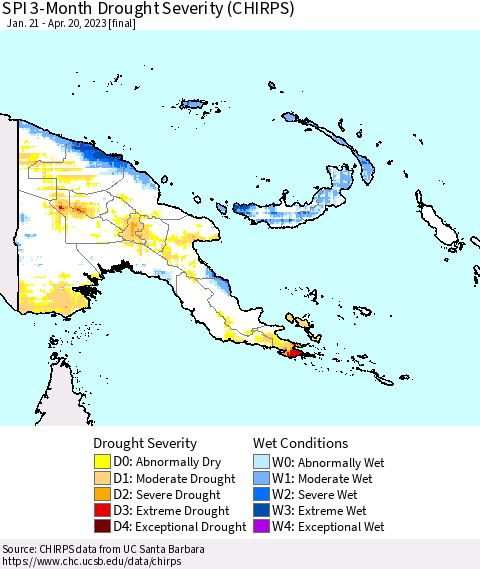 Papua New Guinea SPI 3-Month Drought Severity (CHIRPS) Thematic Map For 1/21/2023 - 4/20/2023