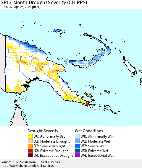 Papua New Guinea SPI 3-Month Drought Severity (CHIRPS) Thematic Map For 1/26/2023 - 4/25/2023