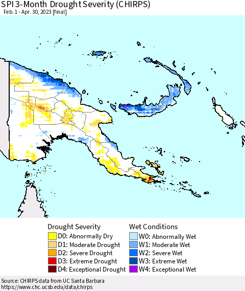 Papua New Guinea SPI 3-Month Drought Severity (CHIRPS) Thematic Map For 2/1/2023 - 4/30/2023