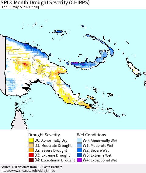 Papua New Guinea SPI 3-Month Drought Severity (CHIRPS) Thematic Map For 2/6/2023 - 5/5/2023