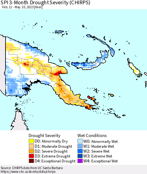 Papua New Guinea SPI 3-Month Drought Severity (CHIRPS) Thematic Map For 2/11/2023 - 5/10/2023