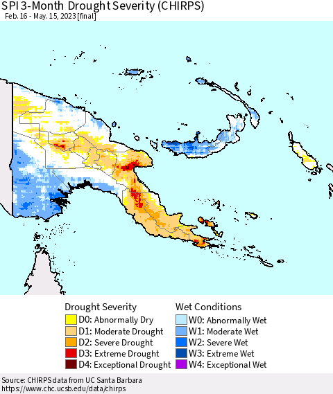 Papua New Guinea SPI 3-Month Drought Severity (CHIRPS) Thematic Map For 2/16/2023 - 5/15/2023
