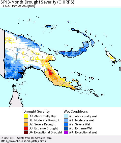 Papua New Guinea SPI 3-Month Drought Severity (CHIRPS) Thematic Map For 2/21/2023 - 5/20/2023