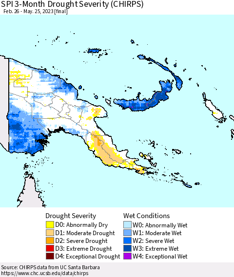 Papua New Guinea SPI 3-Month Drought Severity (CHIRPS) Thematic Map For 2/26/2023 - 5/25/2023