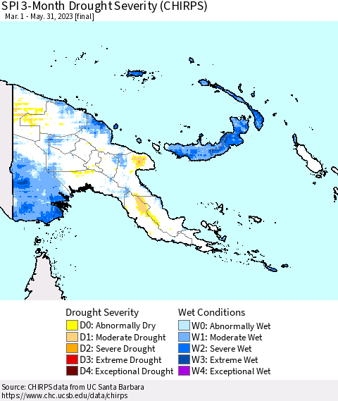 Papua New Guinea SPI 3-Month Drought Severity (CHIRPS) Thematic Map For 3/1/2023 - 5/31/2023