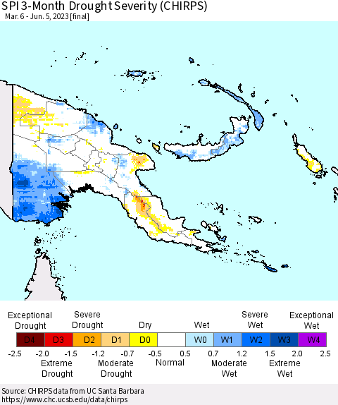 Papua New Guinea SPI 3-Month Drought Severity (CHIRPS) Thematic Map For 3/6/2023 - 6/5/2023