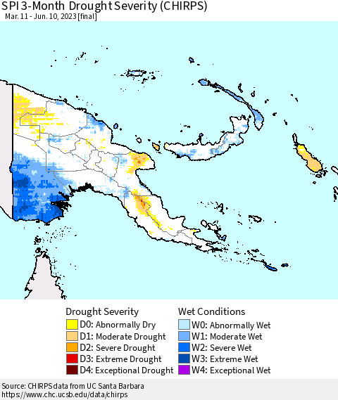 Papua New Guinea SPI 3-Month Drought Severity (CHIRPS) Thematic Map For 3/11/2023 - 6/10/2023