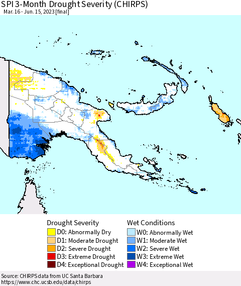 Papua New Guinea SPI 3-Month Drought Severity (CHIRPS) Thematic Map For 3/16/2023 - 6/15/2023