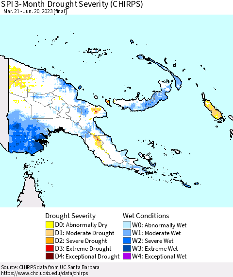 Papua New Guinea SPI 3-Month Drought Severity (CHIRPS) Thematic Map For 3/21/2023 - 6/20/2023