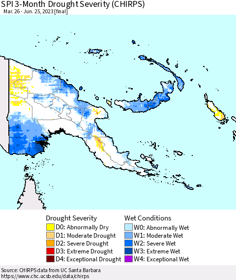 Papua New Guinea SPI 3-Month Drought Severity (CHIRPS) Thematic Map For 3/26/2023 - 6/25/2023