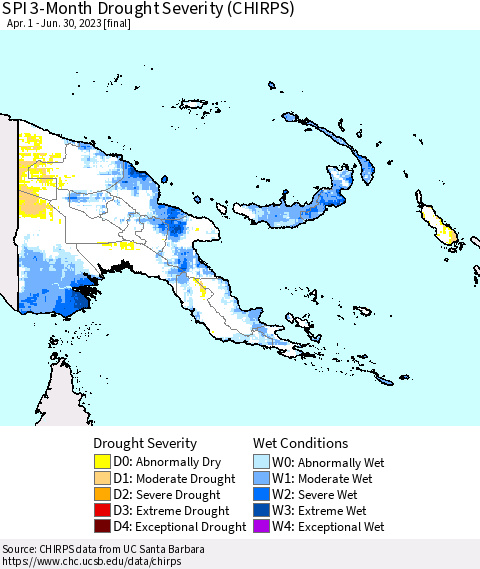 Papua New Guinea SPI 3-Month Drought Severity (CHIRPS) Thematic Map For 4/1/2023 - 6/30/2023
