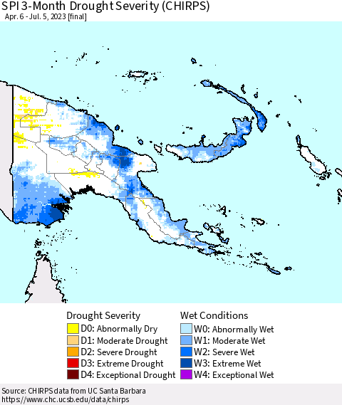 Papua New Guinea SPI 3-Month Drought Severity (CHIRPS) Thematic Map For 4/6/2023 - 7/5/2023
