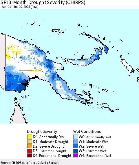 Papua New Guinea SPI 3-Month Drought Severity (CHIRPS) Thematic Map For 4/11/2023 - 7/10/2023