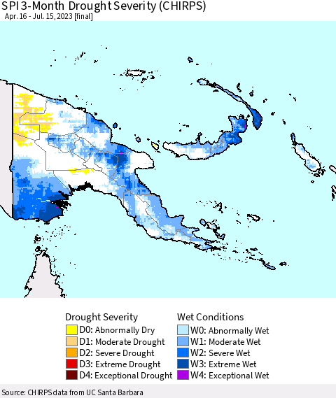 Papua New Guinea SPI 3-Month Drought Severity (CHIRPS) Thematic Map For 4/16/2023 - 7/15/2023