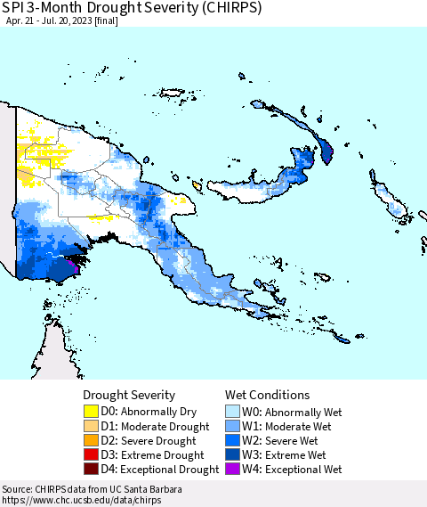 Papua New Guinea SPI 3-Month Drought Severity (CHIRPS) Thematic Map For 4/21/2023 - 7/20/2023