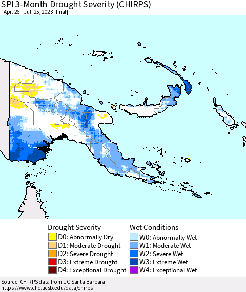 Papua New Guinea SPI 3-Month Drought Severity (CHIRPS) Thematic Map For 4/26/2023 - 7/25/2023