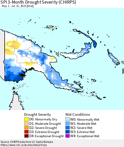 Papua New Guinea SPI 3-Month Drought Severity (CHIRPS) Thematic Map For 5/1/2023 - 7/31/2023