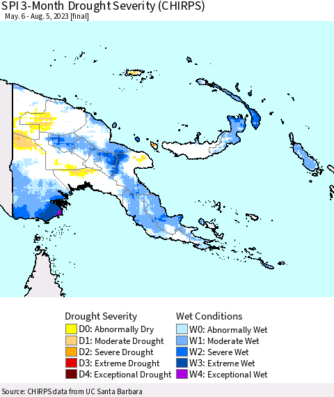 Papua New Guinea SPI 3-Month Drought Severity (CHIRPS) Thematic Map For 5/6/2023 - 8/5/2023