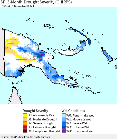 Papua New Guinea SPI 3-Month Drought Severity (CHIRPS) Thematic Map For 5/11/2023 - 8/10/2023