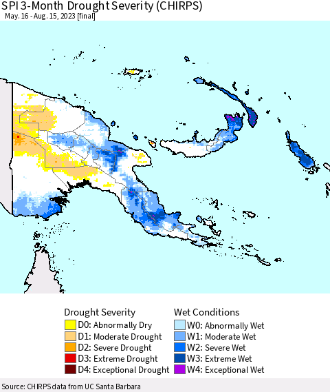 Papua New Guinea SPI 3-Month Drought Severity (CHIRPS) Thematic Map For 5/16/2023 - 8/15/2023