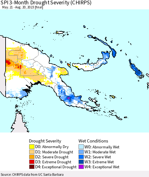Papua New Guinea SPI 3-Month Drought Severity (CHIRPS) Thematic Map For 5/21/2023 - 8/20/2023