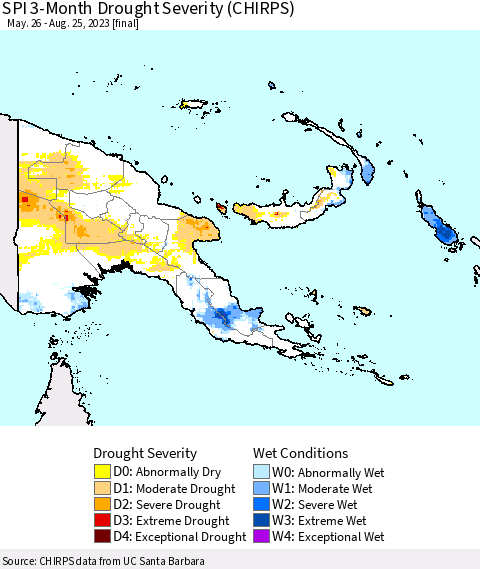 Papua New Guinea SPI 3-Month Drought Severity (CHIRPS) Thematic Map For 5/26/2023 - 8/25/2023