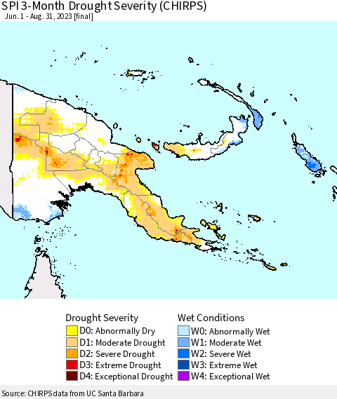 Papua New Guinea SPI 3-Month Drought Severity (CHIRPS) Thematic Map For 6/1/2023 - 8/31/2023