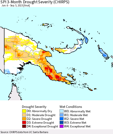 Papua New Guinea SPI 3-Month Drought Severity (CHIRPS) Thematic Map For 6/6/2023 - 9/5/2023
