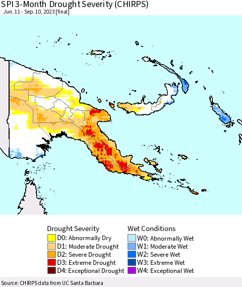 Papua New Guinea SPI 3-Month Drought Severity (CHIRPS) Thematic Map For 6/11/2023 - 9/10/2023