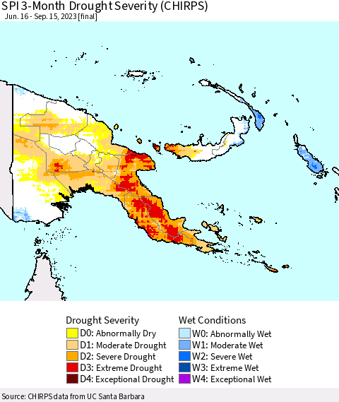 Papua New Guinea SPI 3-Month Drought Severity (CHIRPS) Thematic Map For 6/16/2023 - 9/15/2023