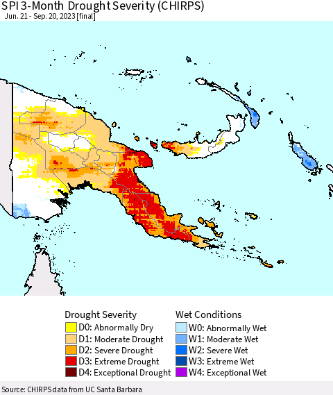 Papua New Guinea SPI 3-Month Drought Severity (CHIRPS) Thematic Map For 6/21/2023 - 9/20/2023