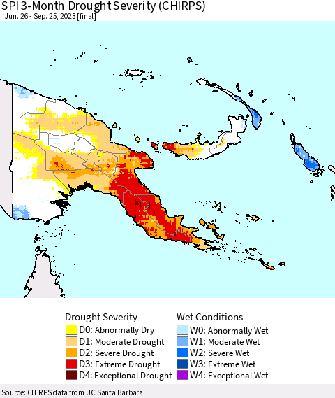 Papua New Guinea SPI 3-Month Drought Severity (CHIRPS) Thematic Map For 6/26/2023 - 9/25/2023