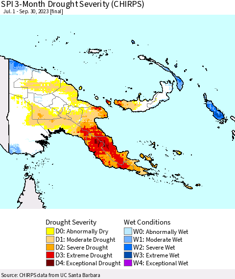 Papua New Guinea SPI 3-Month Drought Severity (CHIRPS) Thematic Map For 7/1/2023 - 9/30/2023