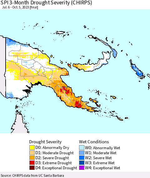 Papua New Guinea SPI 3-Month Drought Severity (CHIRPS) Thematic Map For 7/6/2023 - 10/5/2023