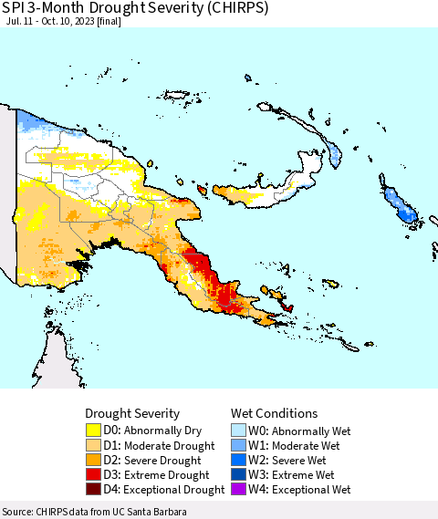 Papua New Guinea SPI 3-Month Drought Severity (CHIRPS) Thematic Map For 7/11/2023 - 10/10/2023