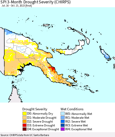 Papua New Guinea SPI 3-Month Drought Severity (CHIRPS) Thematic Map For 7/16/2023 - 10/15/2023