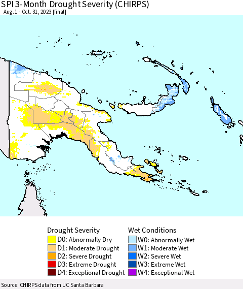Papua New Guinea SPI 3-Month Drought Severity (CHIRPS) Thematic Map For 8/1/2023 - 10/31/2023