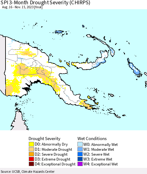 Papua New Guinea SPI 3-Month Drought Severity (CHIRPS) Thematic Map For 8/16/2023 - 11/15/2023