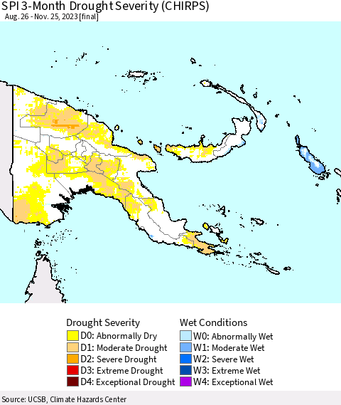 Papua New Guinea SPI 3-Month Drought Severity (CHIRPS) Thematic Map For 8/26/2023 - 11/25/2023