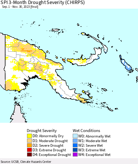 Papua New Guinea SPI 3-Month Drought Severity (CHIRPS) Thematic Map For 9/1/2023 - 11/30/2023