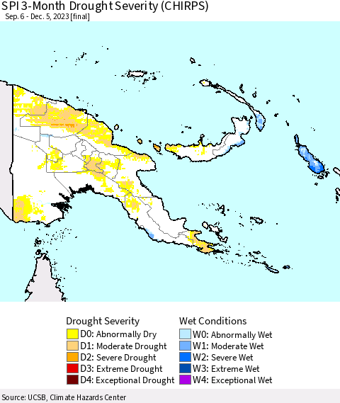 Papua New Guinea SPI 3-Month Drought Severity (CHIRPS) Thematic Map For 9/6/2023 - 12/5/2023