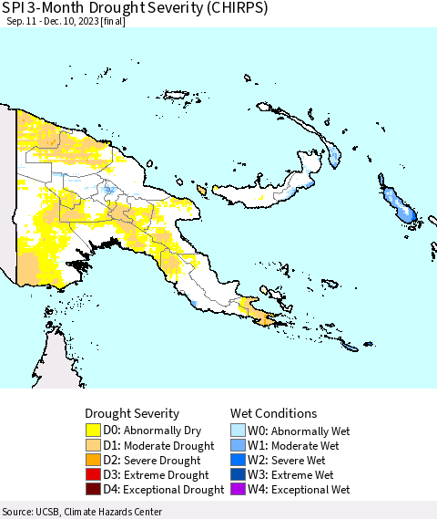 Papua New Guinea SPI 3-Month Drought Severity (CHIRPS) Thematic Map For 9/11/2023 - 12/10/2023