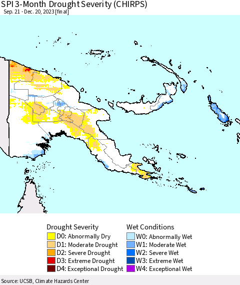 Papua New Guinea SPI 3-Month Drought Severity (CHIRPS) Thematic Map For 9/21/2023 - 12/20/2023