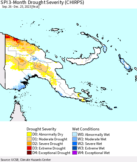 Papua New Guinea SPI 3-Month Drought Severity (CHIRPS) Thematic Map For 9/26/2023 - 12/25/2023
