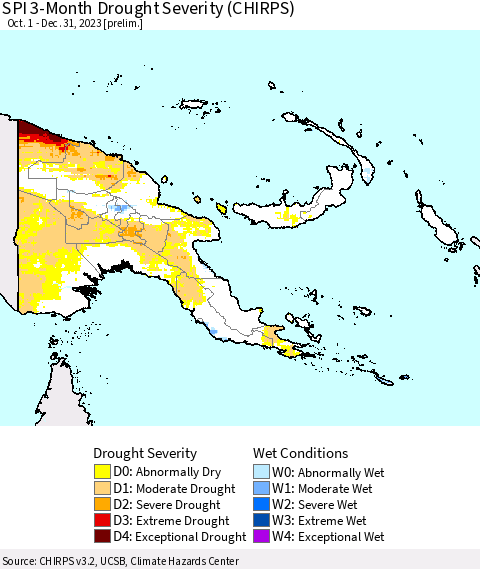 Papua New Guinea SPI 3-Month Drought Severity (CHIRPS) Thematic Map For 10/1/2023 - 12/31/2023