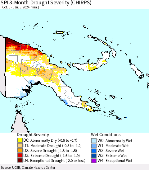 Papua New Guinea SPI 3-Month Drought Severity (CHIRPS) Thematic Map For 10/6/2023 - 1/5/2024