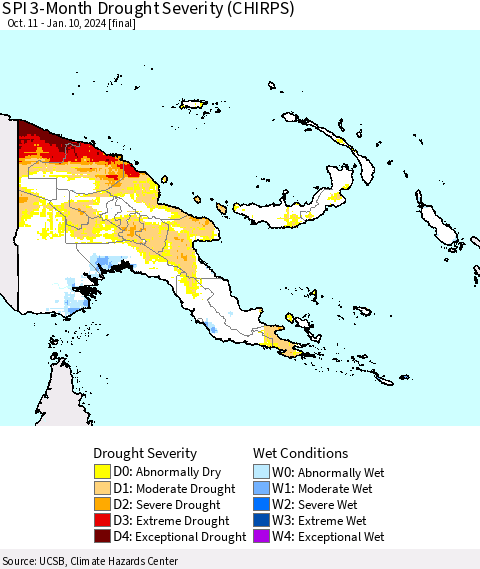 Papua New Guinea SPI 3-Month Drought Severity (CHIRPS) Thematic Map For 10/11/2023 - 1/10/2024