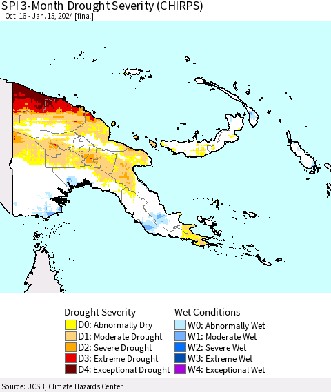 Papua New Guinea SPI 3-Month Drought Severity (CHIRPS) Thematic Map For 10/16/2023 - 1/15/2024