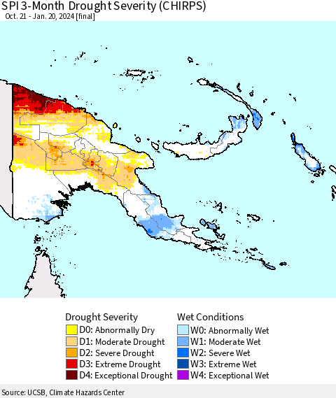 Papua New Guinea SPI 3-Month Drought Severity (CHIRPS) Thematic Map For 10/21/2023 - 1/20/2024