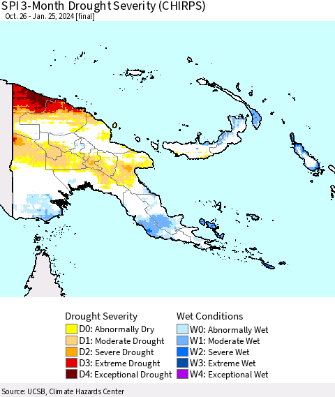 Papua New Guinea SPI 3-Month Drought Severity (CHIRPS) Thematic Map For 10/26/2023 - 1/25/2024